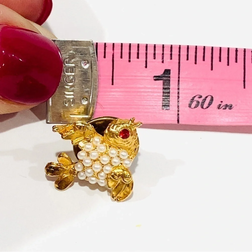 Vintage Miniature Golden Bird Brooch Pin w/ Faux Pearls and Ruby Eye